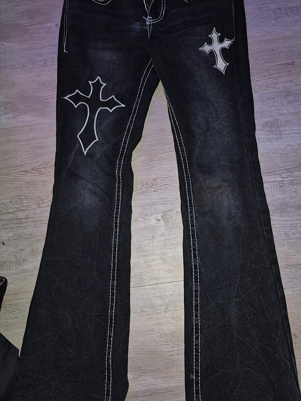 Zumiez Black Flare Jeans with White Cross Embroidery